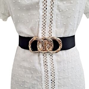 Black wide corset elastic boho waist belt stretch Gold triple ring minimalist